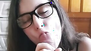 Nerdy chick in glasses inhale ginormous milky manmeat - point of view blowage with jism in throat