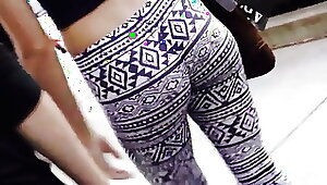 Sweet  caboose in patterned stretch pants in public