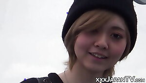 Chinese teeny flashes wooly cooch while deepthroating fuck-stick