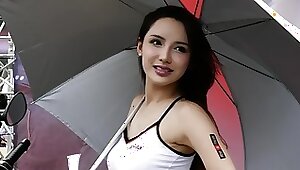 Mischievous car display model Diva Hui in Hong Kong Motorcycle display