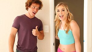 Thin blonde stood in front of the curly boy with cancer and gave him a..