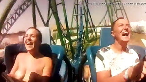 Hot teen can't keep her tits in on rollercoaster