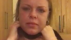 Dumb cute slut Amy chokes herself with belt