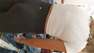 Teen in yoga pants, thong lines, see thru, bra, shirt