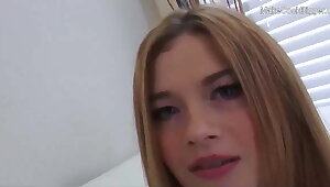 Petite horny teen sleeps in my bed and fucks. Cum on face