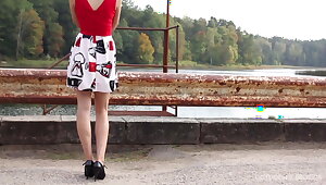 Samantha flashes her panties and pussy outdoors