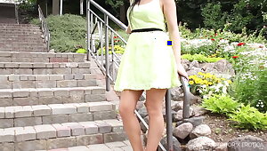 Leila flashes her panties in public place and gets naked