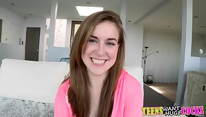 Brunette teen fullfills her fantasy of riding a huge dick