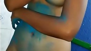 Indian girlfriend getting coloured for holi