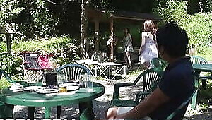 Double japanese couple in a hot sex excursion in the nature