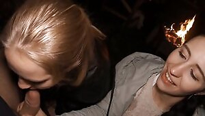 FFM Threesome Sucking on the Backyard