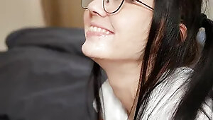 Dissolute girl sucks dick her male's and gets facial.