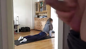 I love to watch how my stepsister is doing yoga and jerk off